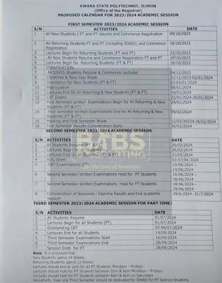 Kwara State Poly proposed academic calendar, 2023/2024 session