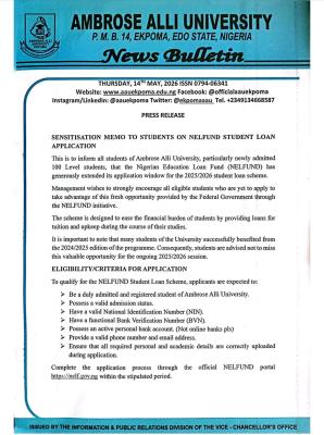 AAU notice to Students on extension of NELFUND Sudent Loan Application