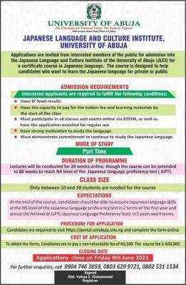 UNIABUJA admission into Japanese Lang. & Cultural Institute application deadline extended, 2022/2023