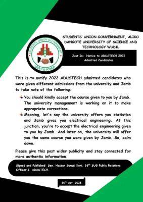 ADUSTECH SUG notice to admitted candidates offered different admissions