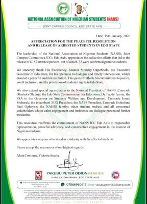NANS applauds peaceful resolution and release of arrested students in Edo State