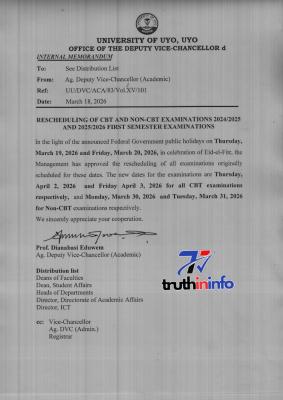 UNIUYO reschedules 1st semester CBT and Non-CBT Examinations Over Eid-el-Fitr Holidays