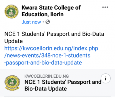 KWCOEILORIN notice to  NCE 1 students' passport and Bio-Data update