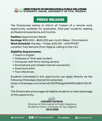 UNIUYO Students’ Union announces remote work opportunity for graduates and final year students