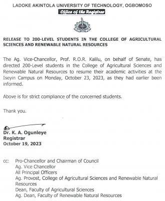 LAUTECH notice to 200L students in the college of Agricultural Science & renewable natural resources