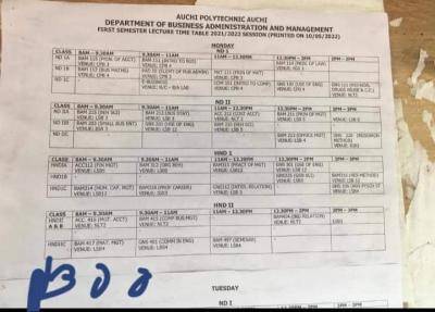 Auchi Poly first semester lecture timetable, 2021/2022