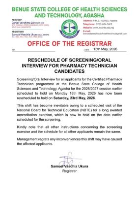 Benue State College of Health Sciences & Tech. Agasha reschedules screening interview