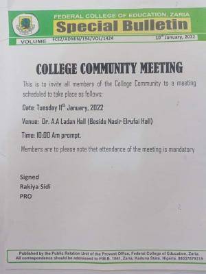 FCE Zaria notice to college community