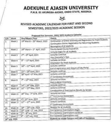 AAUA revised academic calendar, 2022/2023