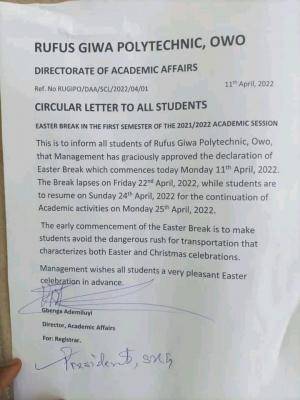 RUGIPO notice to students on Easter's break
