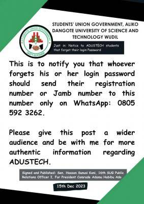 ADUSTECH SUG notice to students that forget their login Password