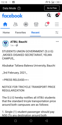 ATBU SUG notice on transportation cost within and around the campus