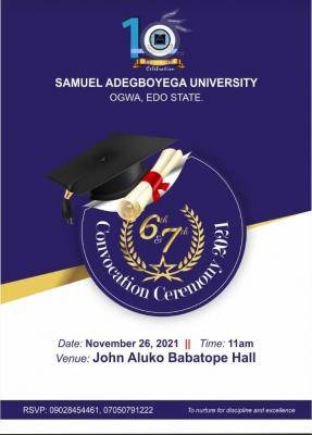 Samuel Adegboyega University announces 6th & 7th Convocation Ceremony