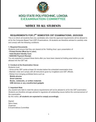 Kogi State Poly notice on Requirements for 2nd Semester Exams, 2025/2026 session