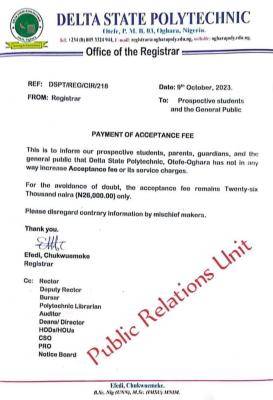 Delta Poly otefe-oghara notice on payment of acceptance fee