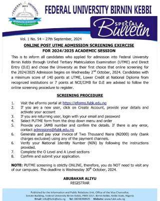 FUBK Post-UTME/DE 2024: Cut-off mark, Eligibility and Registration Details