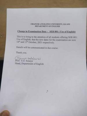 OAU English Language department reschedules SER001 examination