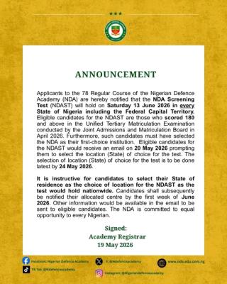 NDA screening date and notice on selection of test location for the 78th Regular Course