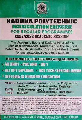 Kaduna Poly Matriculation ceremony for regular programmes holds Aug 17