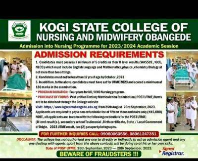 Kogi College of Nursing & Midwifery, Obangede releases Nursing form, 2023/2024