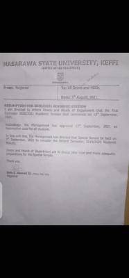 NSUK notice on resumption for 2020/2021 session