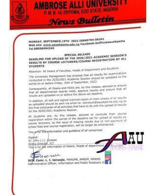 AAUE notice on course registration deadline, 2020/2021