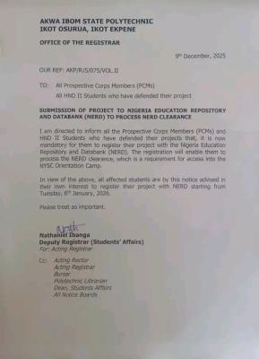 Akwa Ibom Polytechnic notice to prospective corps members and HND II Students