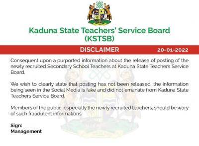Kaduna State disclaimer on posting of recruited teachers