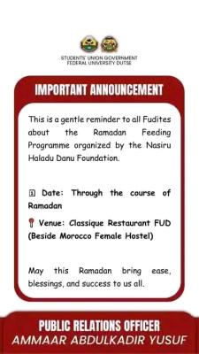 FUDUTSE SUG Announces Ramadan Feeding Programme for Students