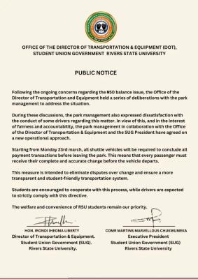 RSUST SUG transportation update to students
