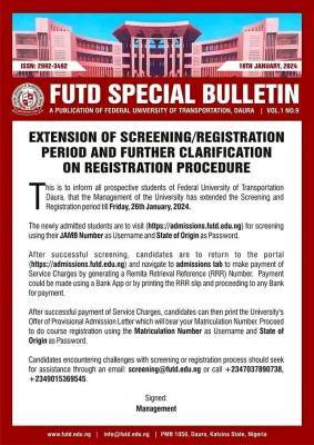 FUTD Extends Screening/Registration period & Clarification on Registration Procedure