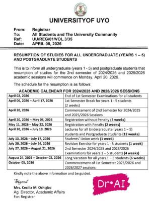 UNIUYO resumption date for 2nd Semester 2024/2025 & 2025/2026 Sessions