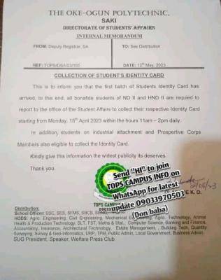 TOPS notice on collection of students' ID cards