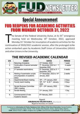 FUDutse announces resumption of academic activities