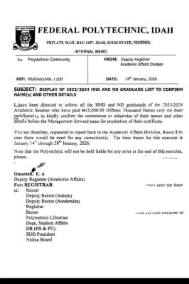 Idah Poly notice to ND/HND graduates 2023/2024 on verification of details for certificate production