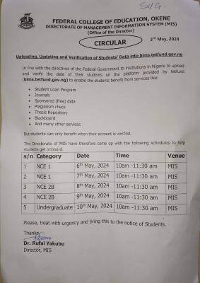 FCE Okene notice on uploading of students' data