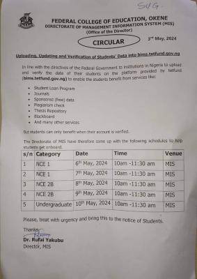 B48IQF5T2aVPgelLwW14HkbXOOLtLhEL24Uzgr5X FCE Okene notice on uploading of students' data