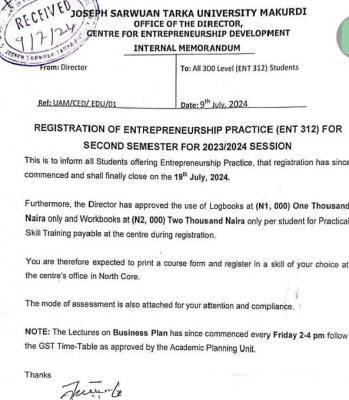 Joseph Sarwuan Tarka University notice on registration of ENT 312 for 2nd semester, 2023/2024