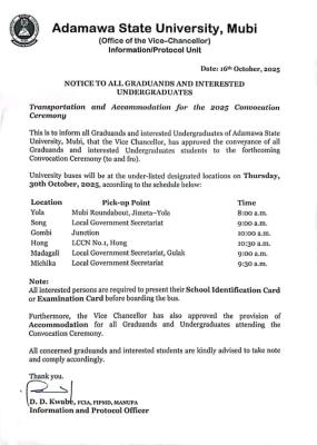 ADSU announces transportation and accommodation for 2025 convocation