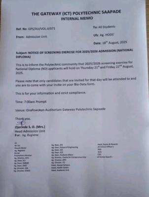 Gateway ICT Poly announces screening exercise for ND Candidates, 2025/2026