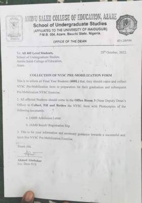 Aminu Saleh College of Education notice on collection of NYSC pre-Mobilization form