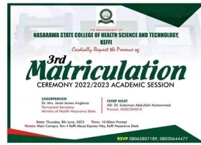 Nasarawa State College Of Health Sciences and Technology announces 3rd Matriculation Ceremony