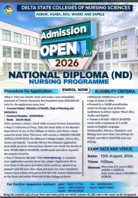 Delta State College of Nursing Sciences, Warri ND Nursing Admission form, 2026/2027