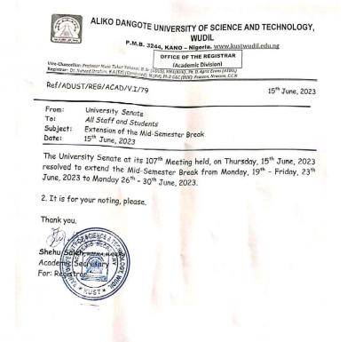 Aliko Dangote University of Science & Tech notice on extension of mid semester break
