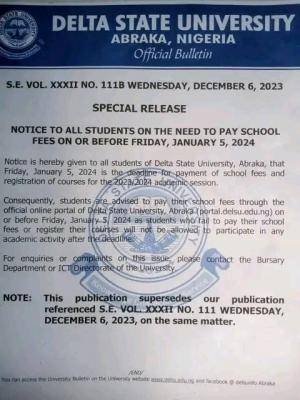 DELSU Deadline for Payment of School Fees