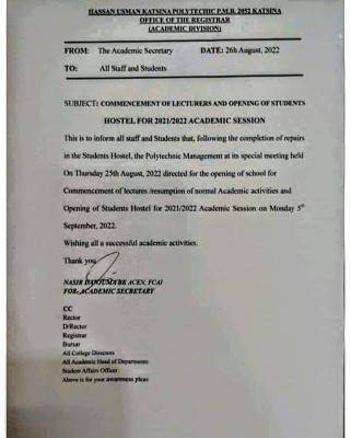 HUKPOLY notice on commencement of lectures