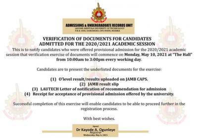 LAUTECH notice to new students on verification of documents, 2020/2021