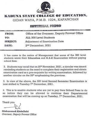 Kaduna COE notice to all 300L level students