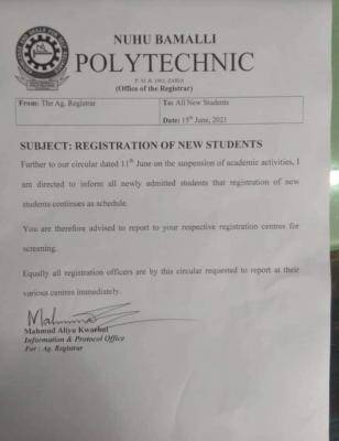 NUBAPOLY notice on new students' registration