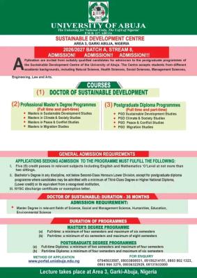 UNIABUJA Sustainable Development Centre (SDC) applications for Postgraduate Programmes, 2026/2027